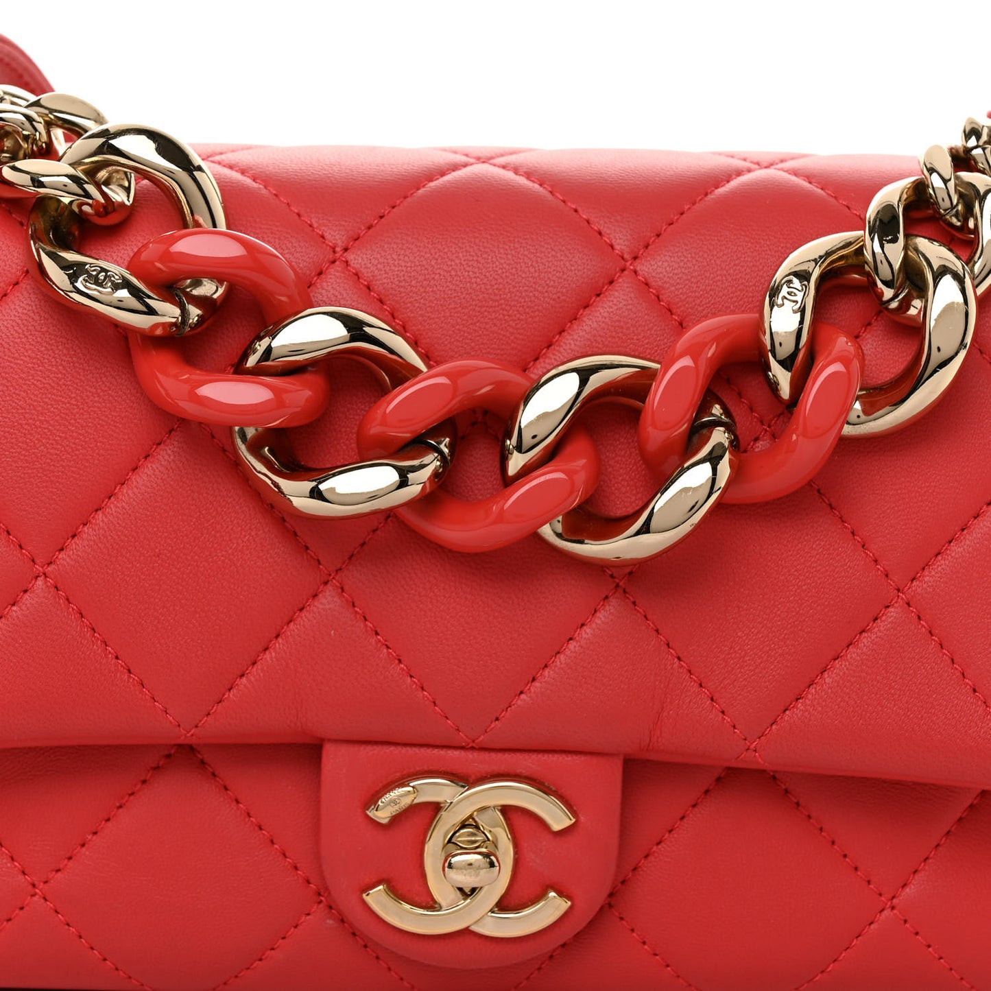 Lambskin Quilted Resin Bi-Color Chain Flap Bag Red