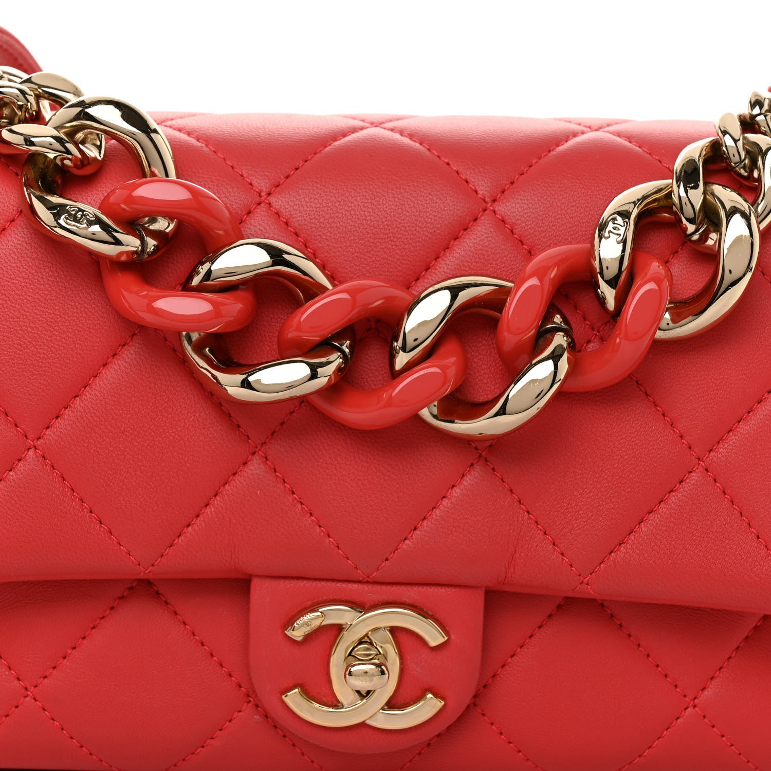 Chanel Lambskin Quilted Resin Bi-Color Chain Flap Bag Red 8 of 11