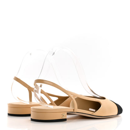 Chanel Goatskin Grosgrain Cap Toe CC Slingback Flats 41 Beige Black 3 of 7