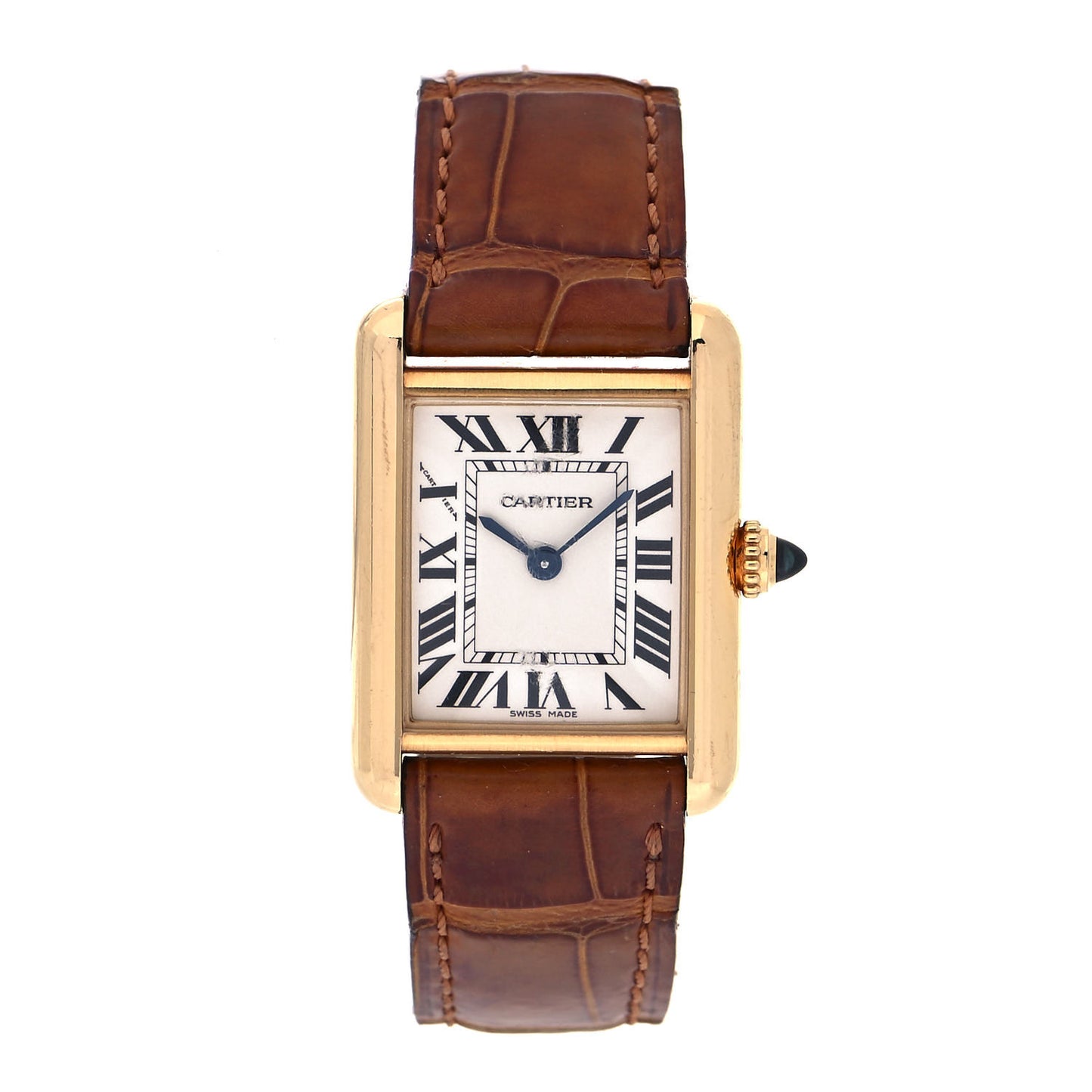 18K Yellow Gold Alligator 22mm Tank Louis Quartz Watch Brown