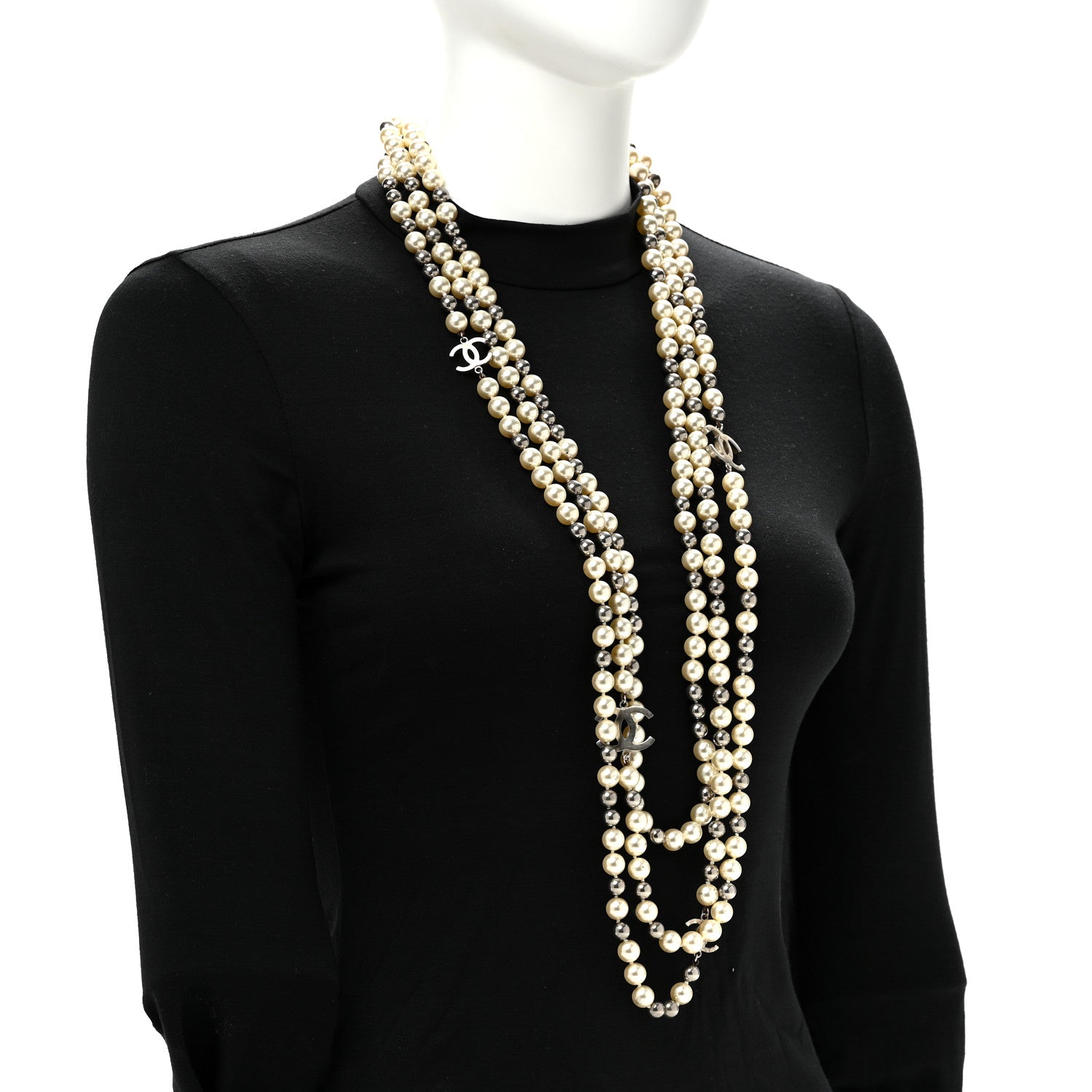 Chanel Pearl CC Multi Strand Long Necklace Silver Pearly White Grey 2 of 6