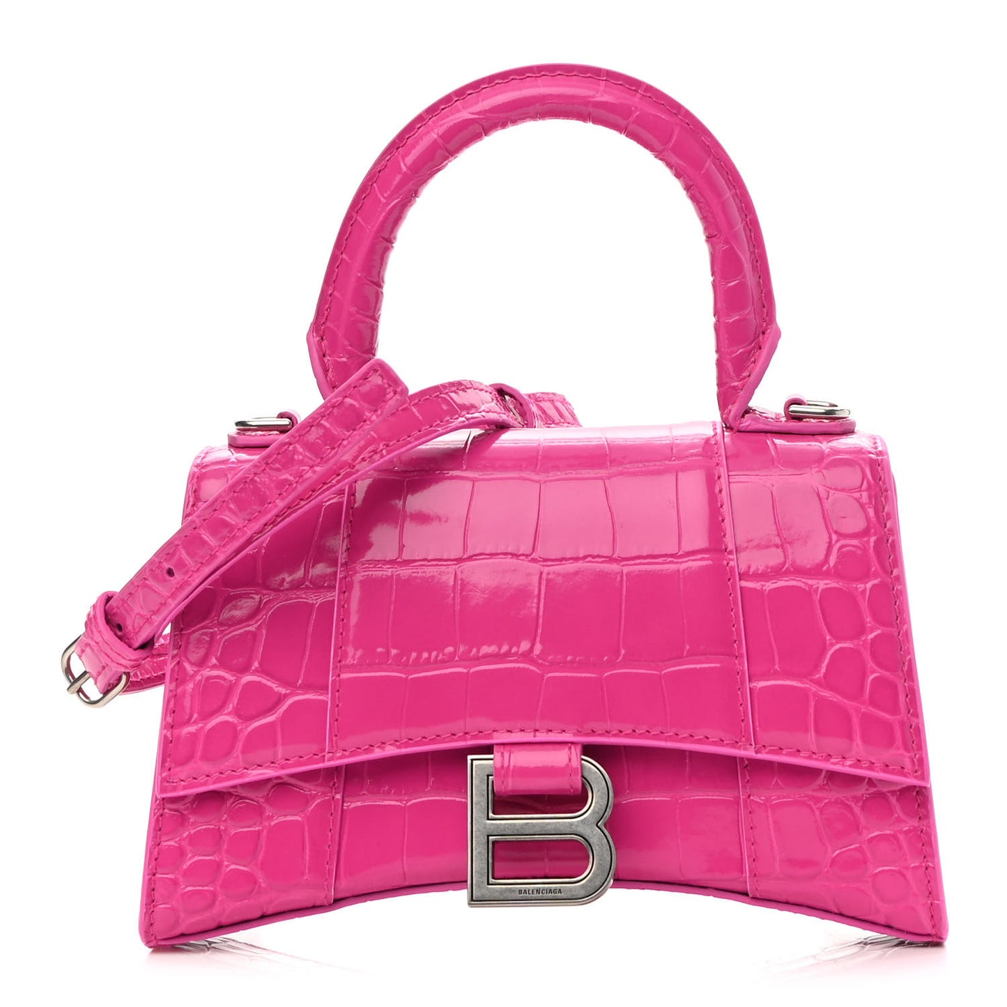 Shiny Calfskin Crocodile Embossed Hourglass Top Handle Bag XS Lipstick Pink