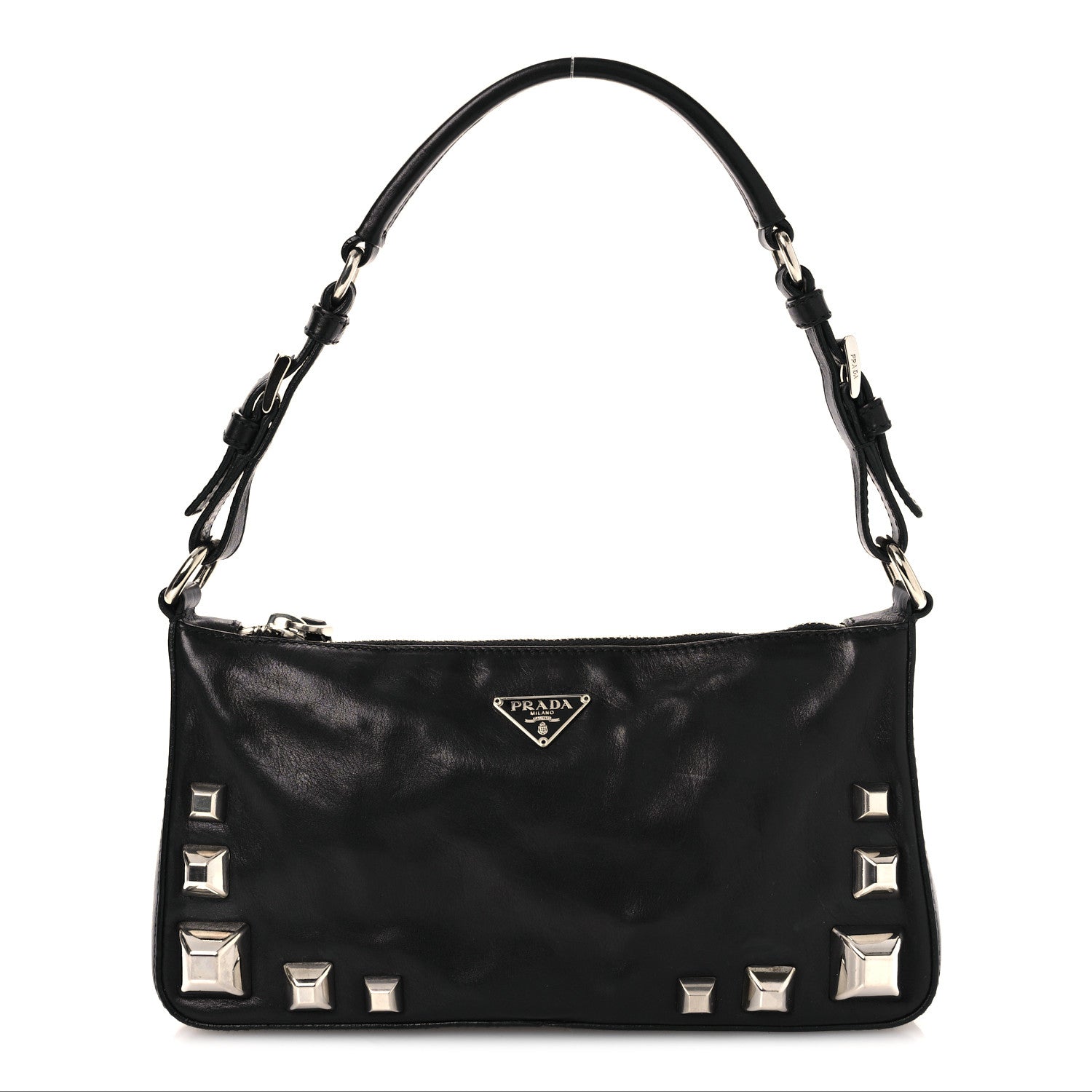 Prada Calfskin Studded Shoulder Bag Black 1 of 12