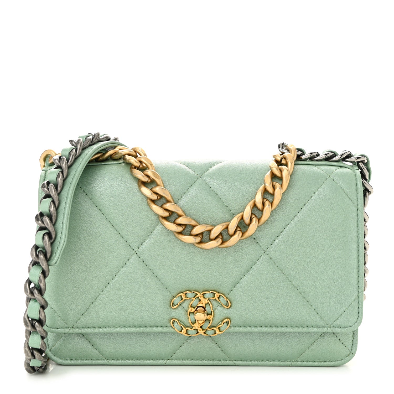 Chanel Shiny Lambskin Quilted Chanel 19 Wallet On Chain WOC Light Green 1 of 12