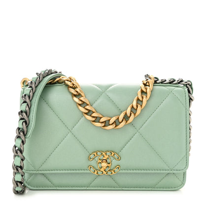 Chanel Shiny Lambskin Quilted Chanel 19 Wallet On Chain WOC Light Green 1 of 12