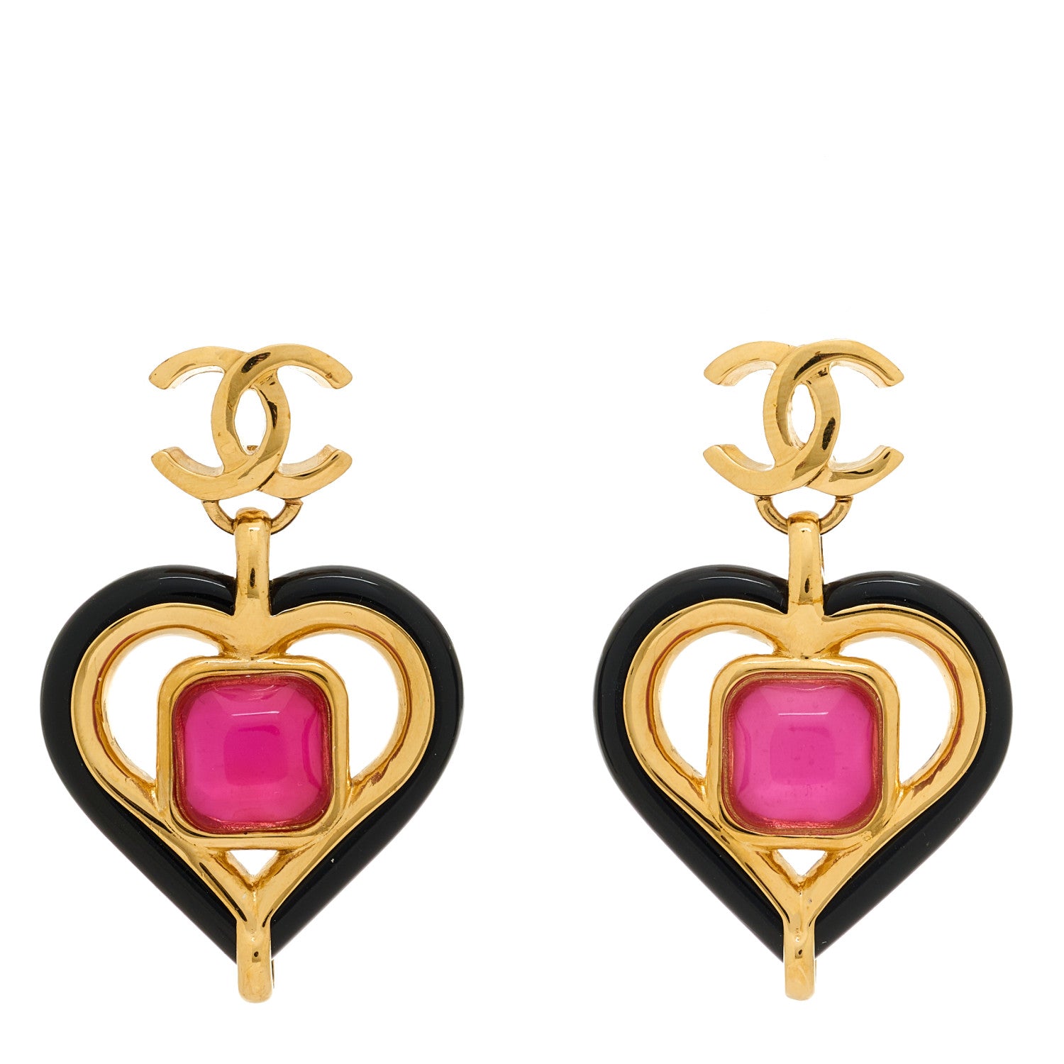 Chanel Resin Heart CC Drop Earrings Black Pink Gold 1 of 4