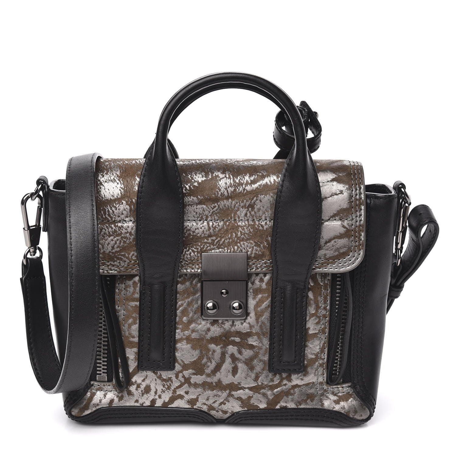 3.1 Phillip Lim 3.1 Metallic Calfskin Shark Embossed Mini Pashli Satchel Black Gunmetal 1 of 9