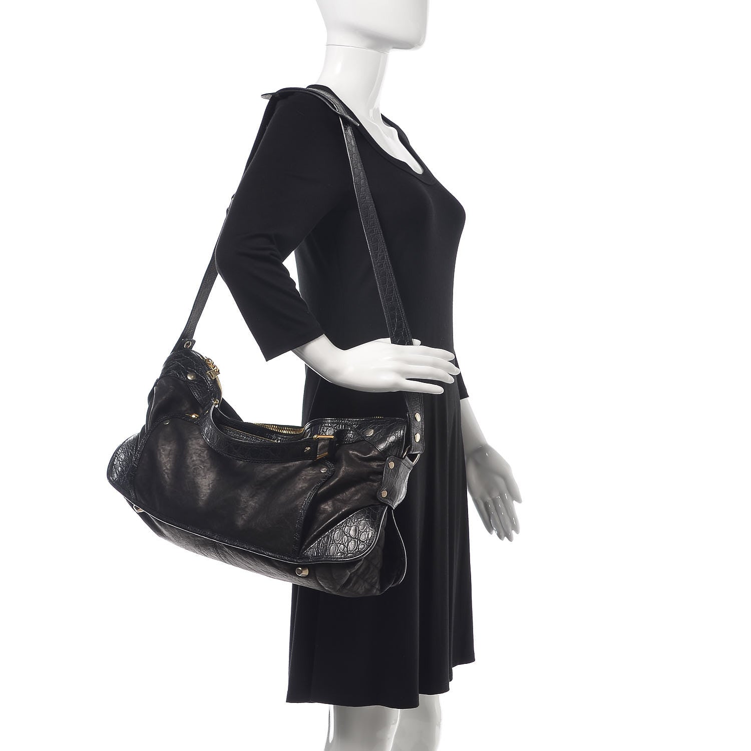 Celine Calfskin Crocodile Embossed Rider Tote Black 2 of 8