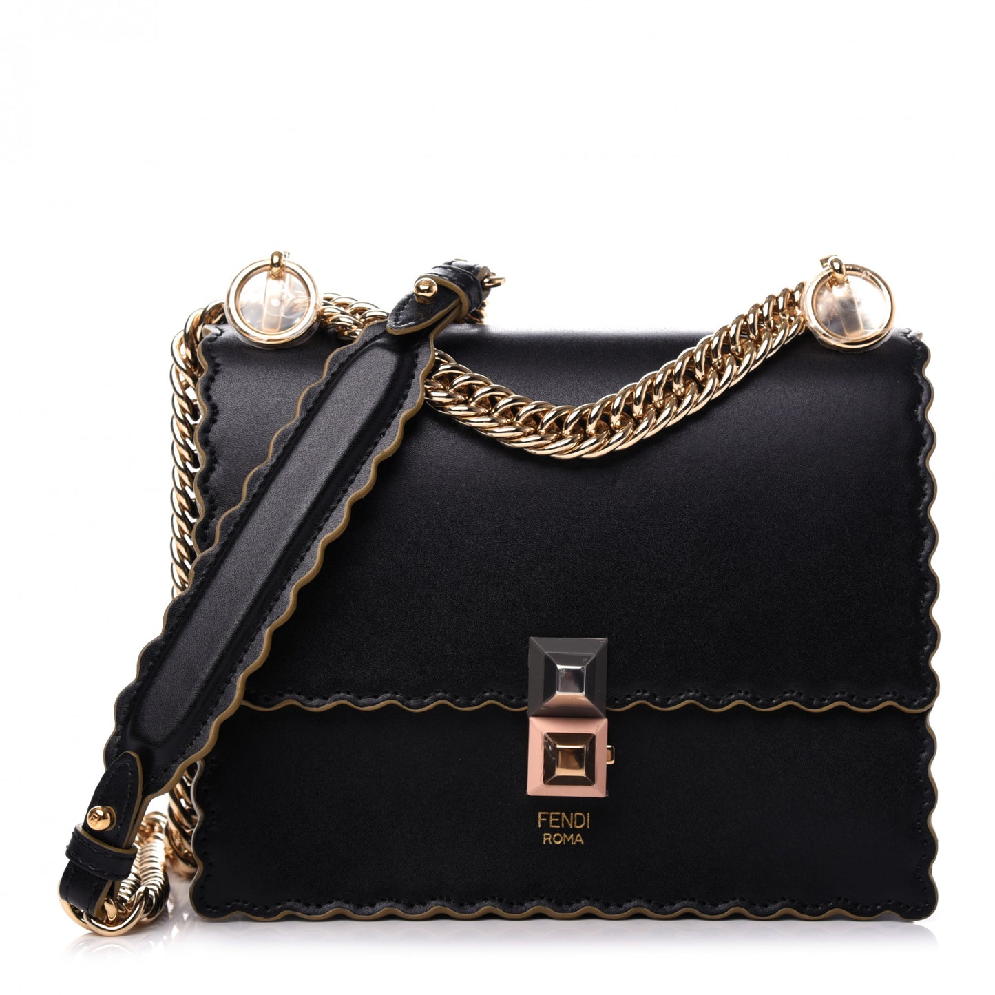 Vitello Liberty Scalloped Studded Small Kan I Shoulder Bag Black