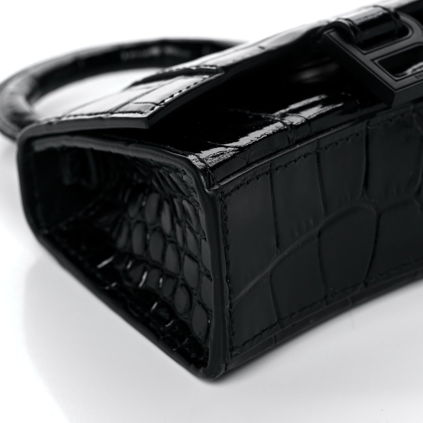 Shiny Calfskin Monochrome Crocodile Embossed Hourglass Top Handle Bag Mini Black
