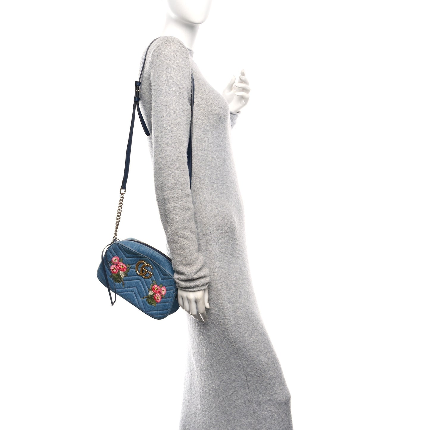 Denim Matelasse Embroidered Small GG Marmont Chain Shoulder Bag Blue