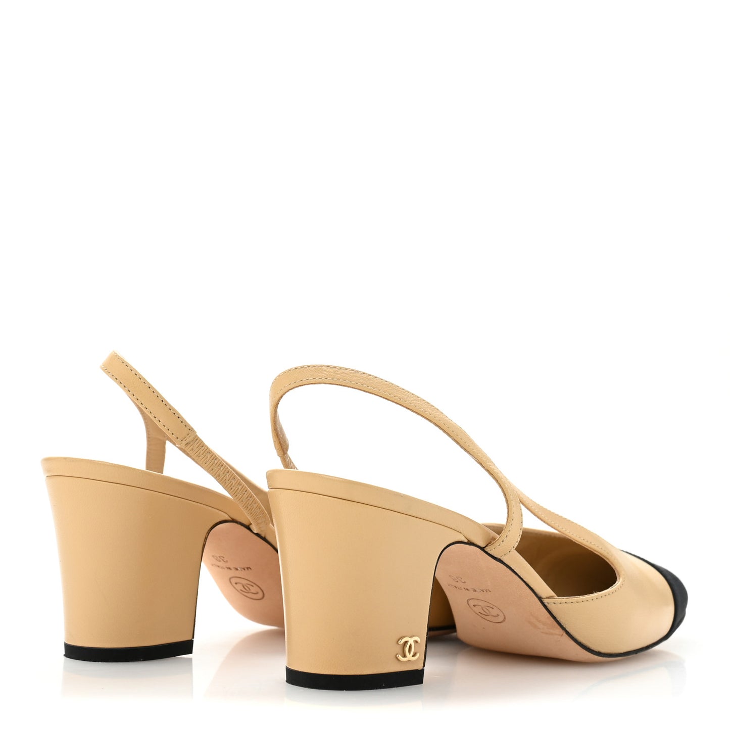 Goatskin Grosgrain Cap Toe CC Slingback Pumps 38 Beige Black