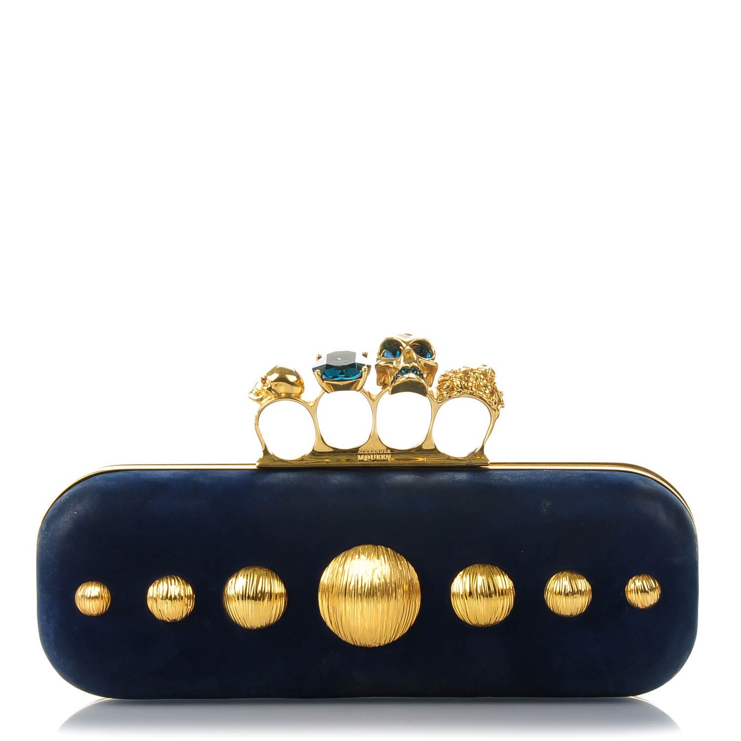 Alexander McQueen Suede Studded Skull Knuckle Box Clutch Navy 1 of 8
