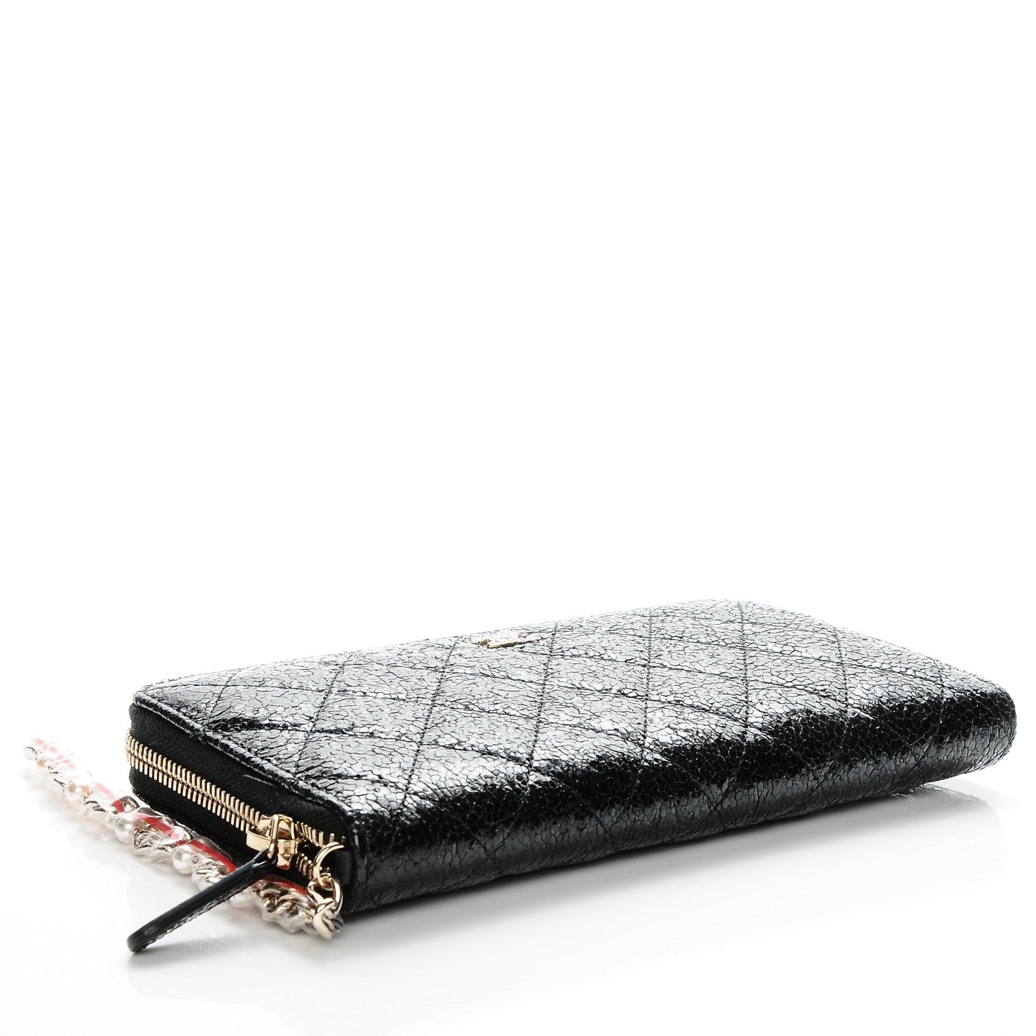 Chanel Crackled Patent Calfskin Zip Around Large Gusset Wallet With Pearl Chain Black 6 of 11