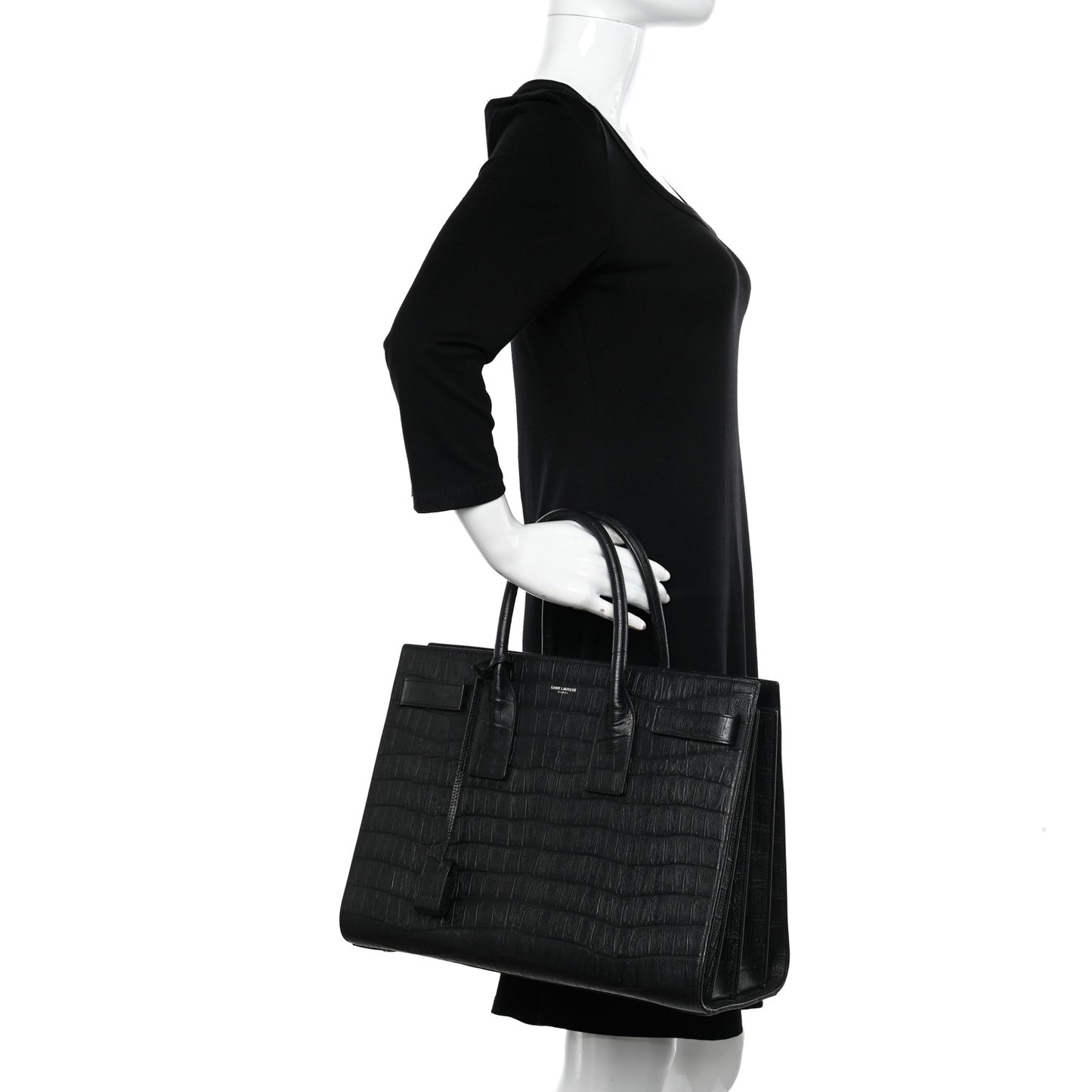 Calfskin Crocodile Embossed Large Sac De Jour Carryall Black