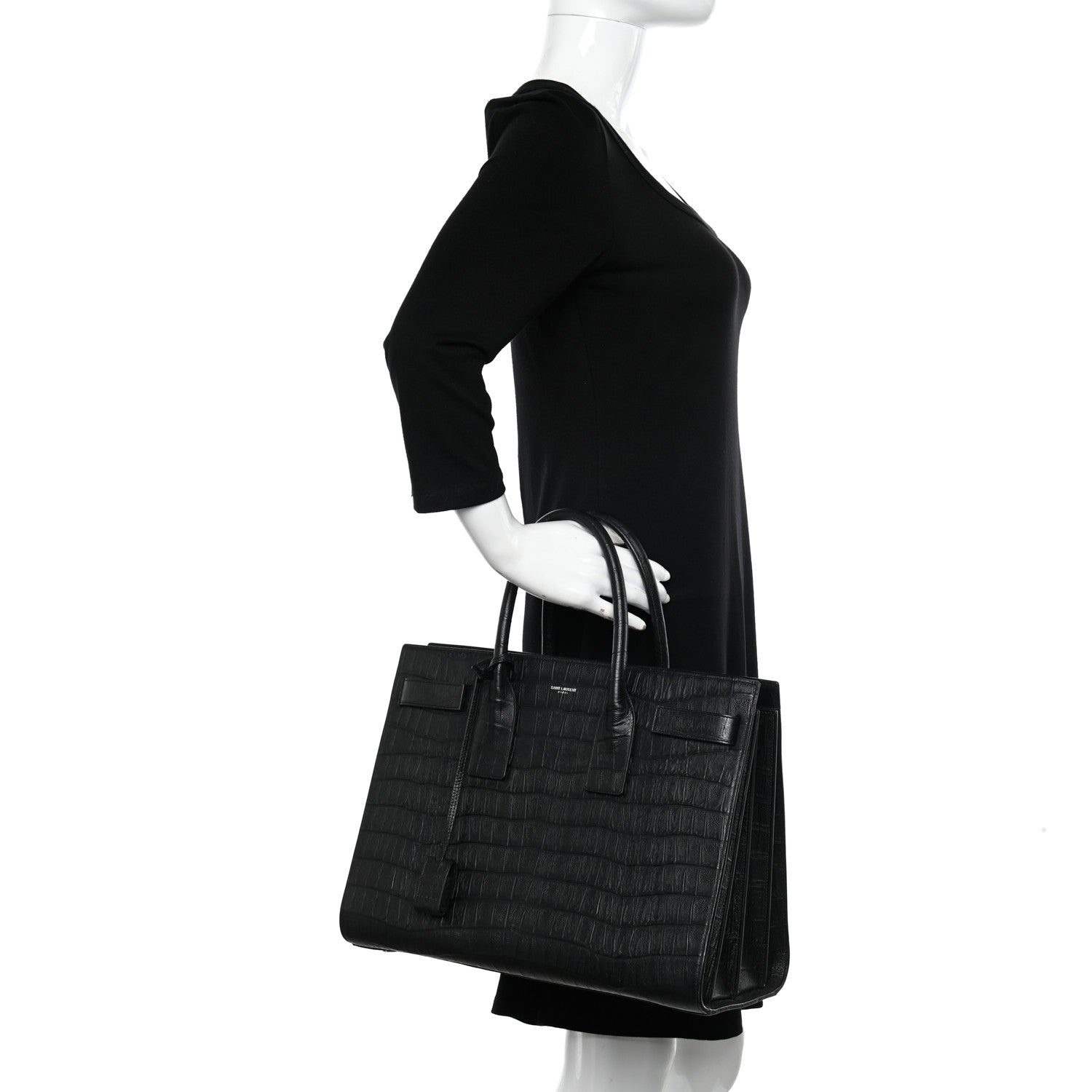 Saint Laurent Calfskin Crocodile Embossed Large Sac De Jour Carryall Black 2 of 10