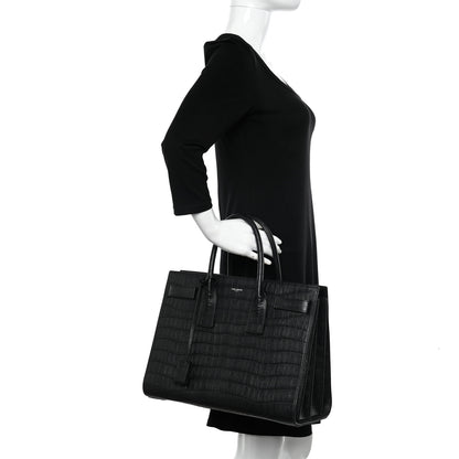 Saint Laurent Calfskin Crocodile Embossed Large Sac De Jour Carryall Black 2 of 10