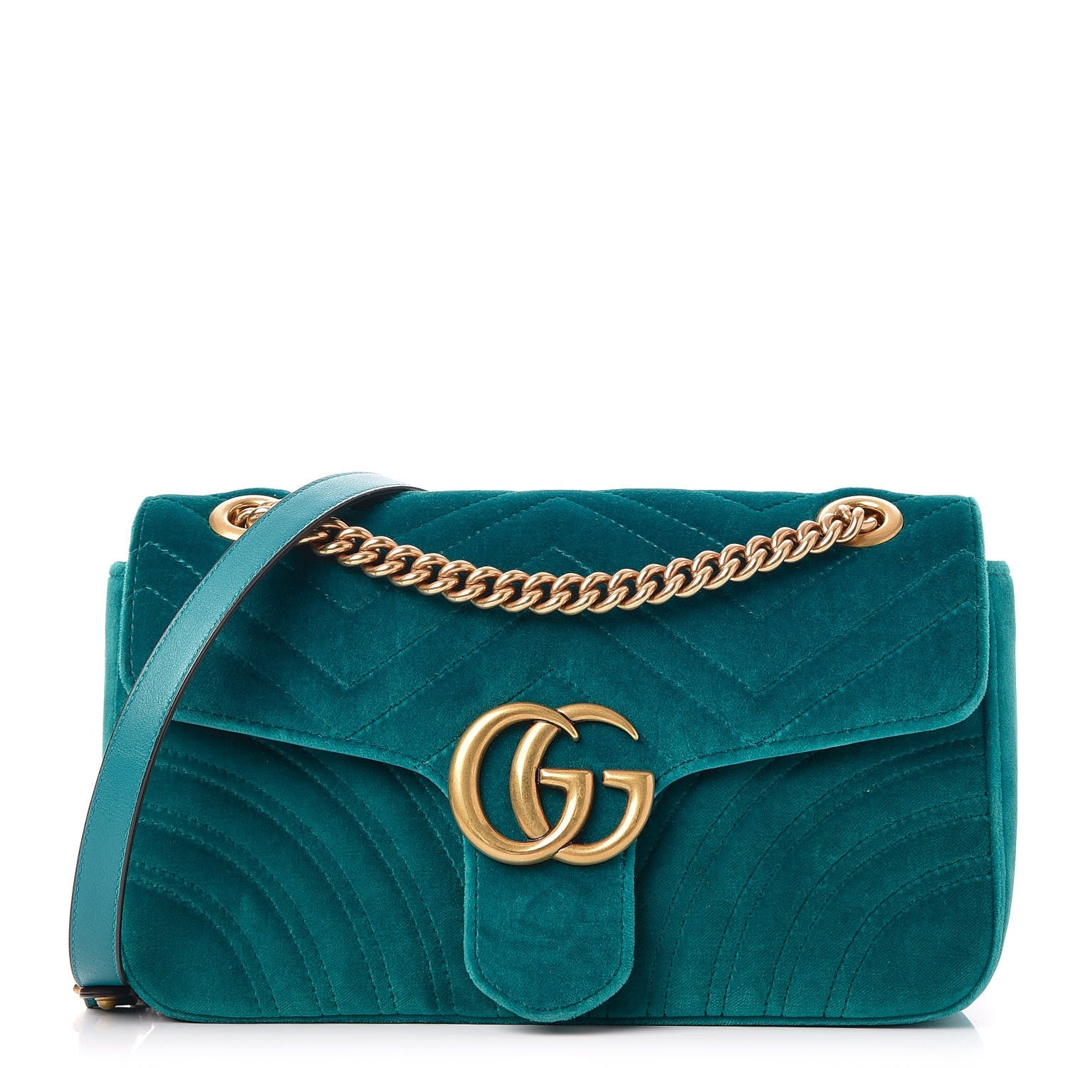Gucci Velvet Matelasse Small GG Marmont Shoulder Bag Pavone Cyan 1 of 7