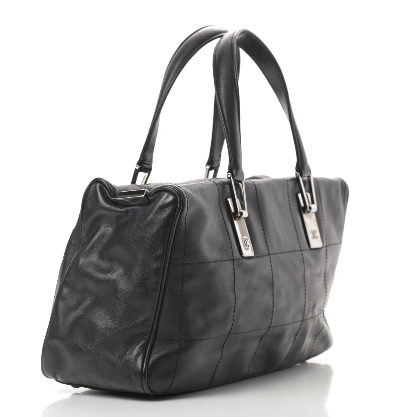 Lambskin Square Stitched Large Tote Black