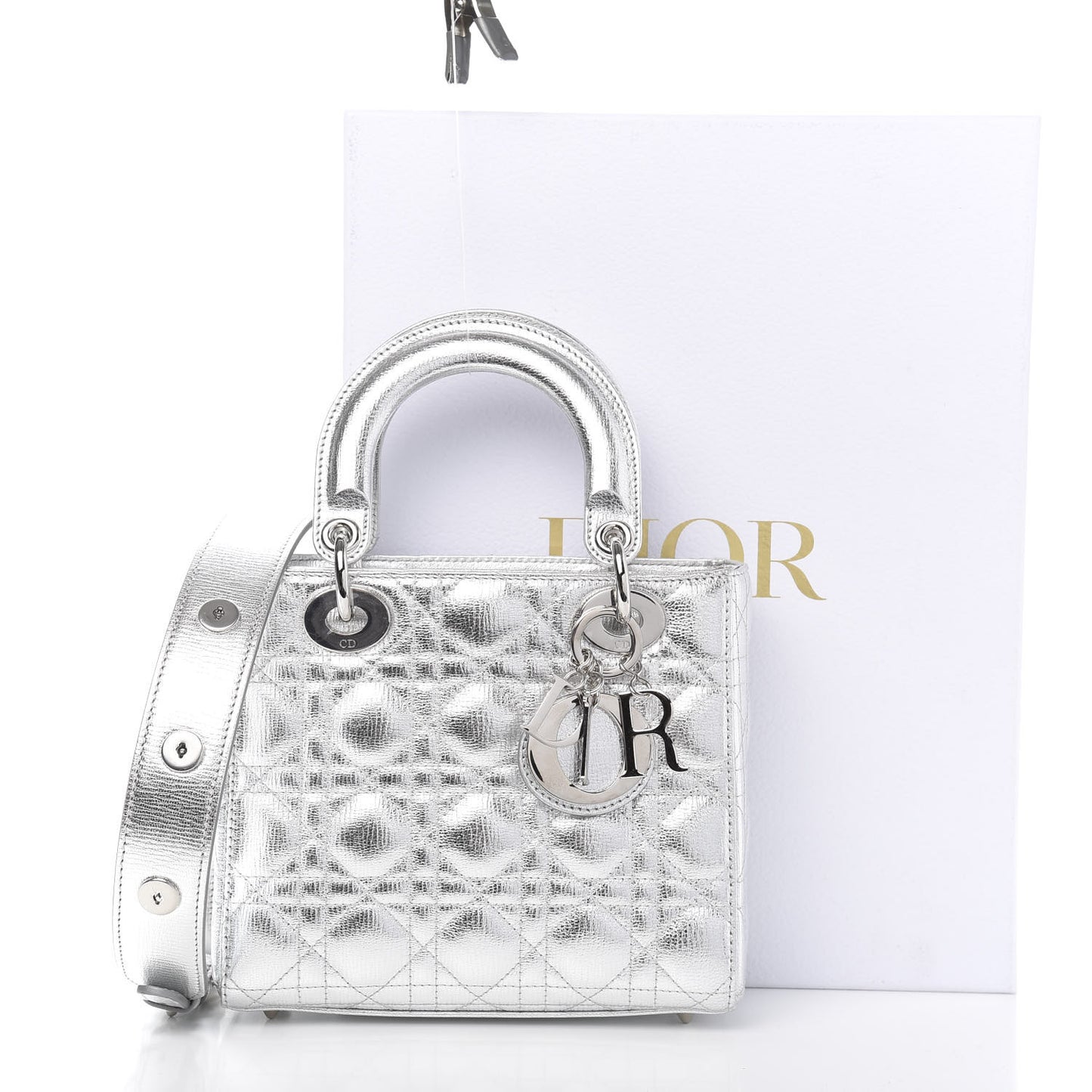 Metallic Grained Calfskin Cannage Small Lucky Badges My Lady Dior Silver