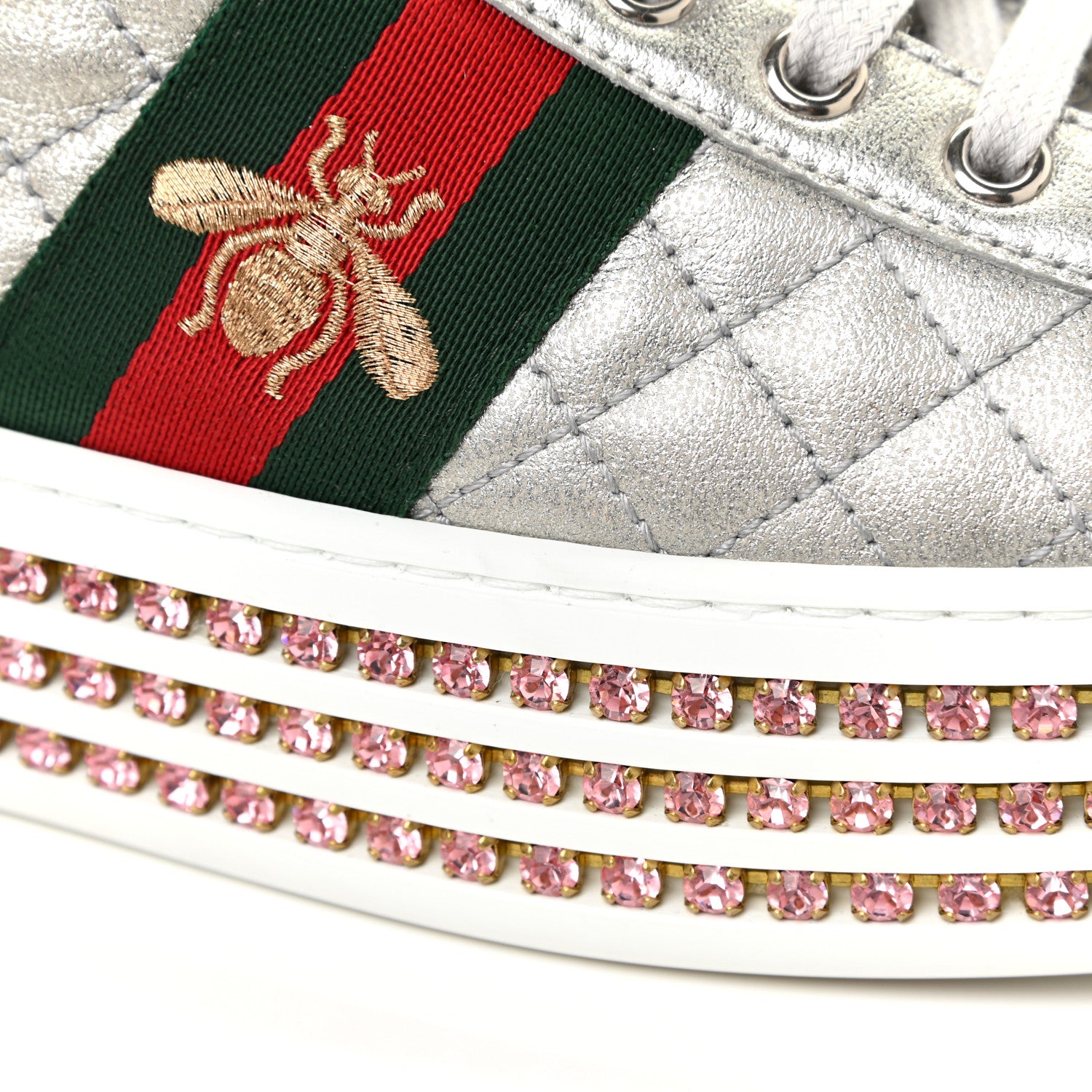 Gucci Laminated Nappa Crystal Web Bee Embroidered Trapuntata Womens Ace Platform Sneakers 38.5 Argento 14 of 16