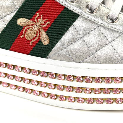 Gucci Laminated Nappa Crystal Web Bee Embroidered Trapuntata Womens Ace Platform Sneakers 38.5 Argento 14 of 16