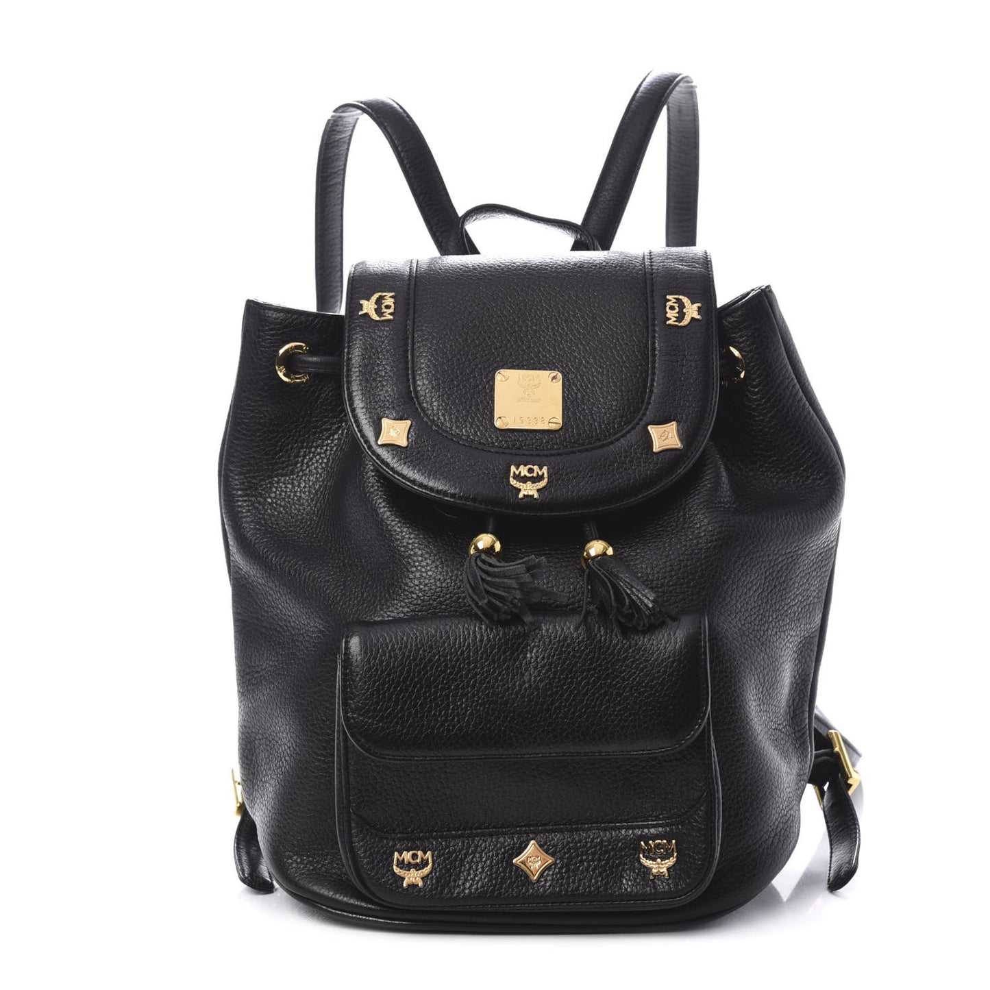 Grained Calfskin Studded Drawstring Backpack Black