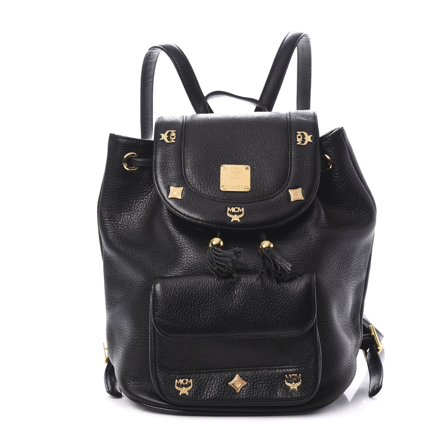 MCM Grained Calfskin Studded Drawstring Backpack Black 1 of 8