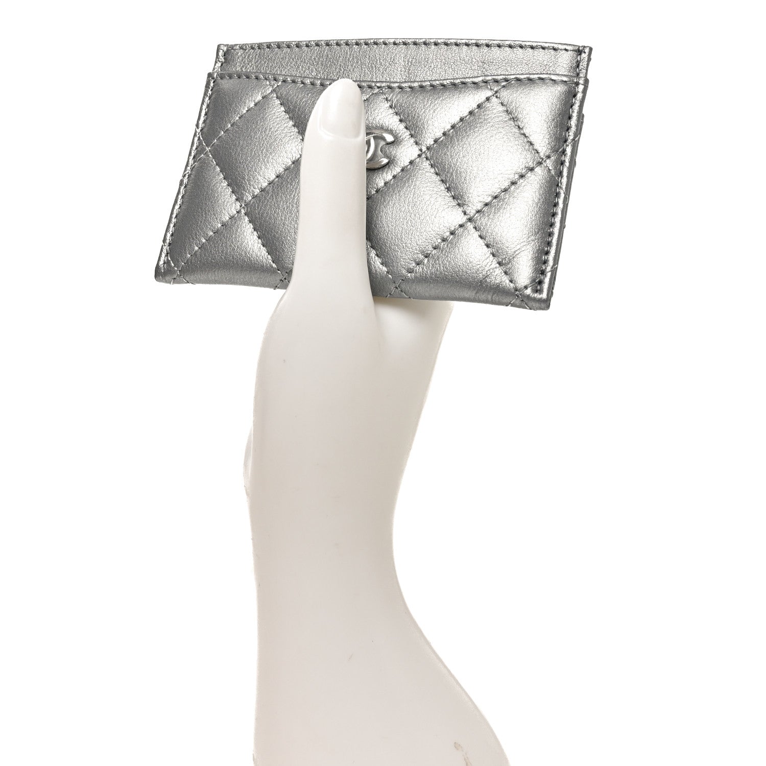 Chanel Metallic Lambskin Quilted CC Card Holder Silver 2 of 9