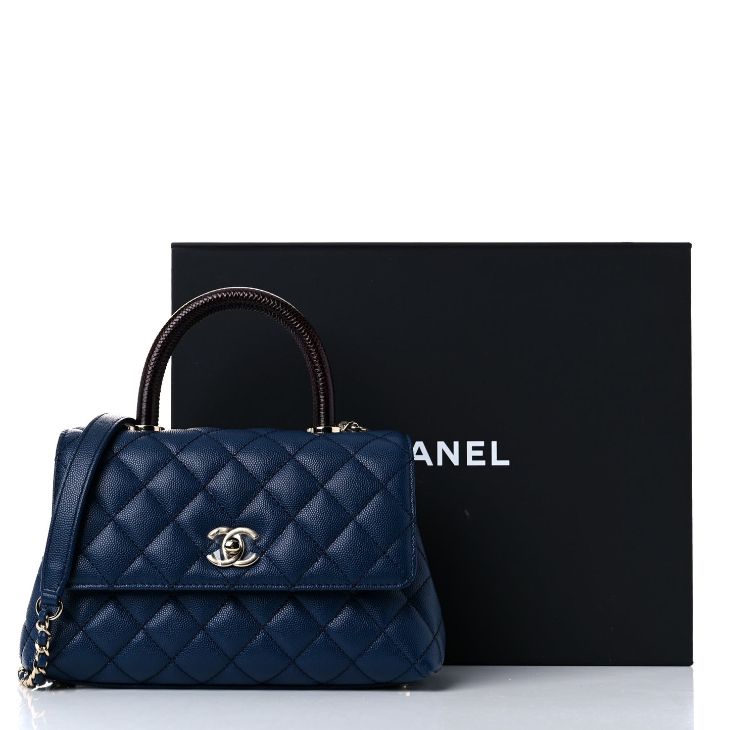 Caviar Quilted Lizard Embossed Mini Coco Handle Flap Navy Blue