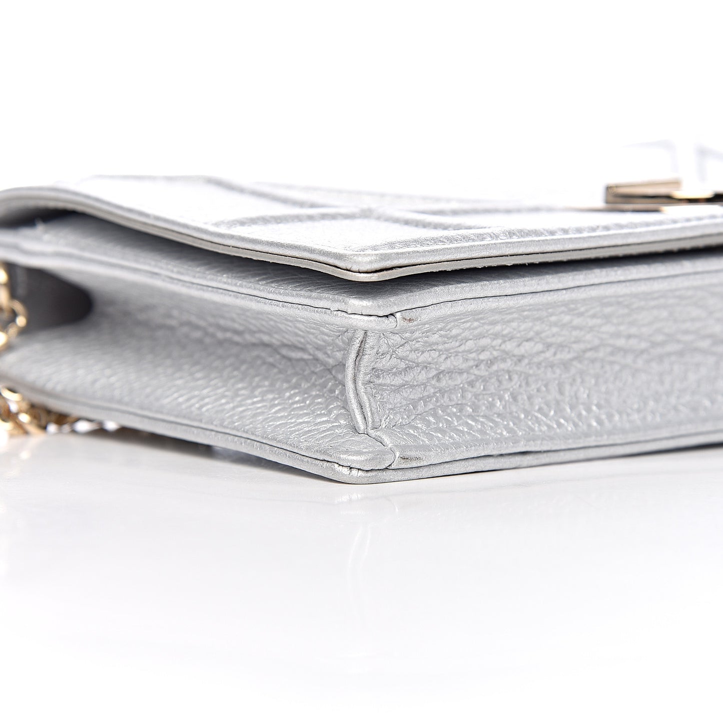 Metallic Grained Calfskin Diorama Wallet on Chain Pouch Silver