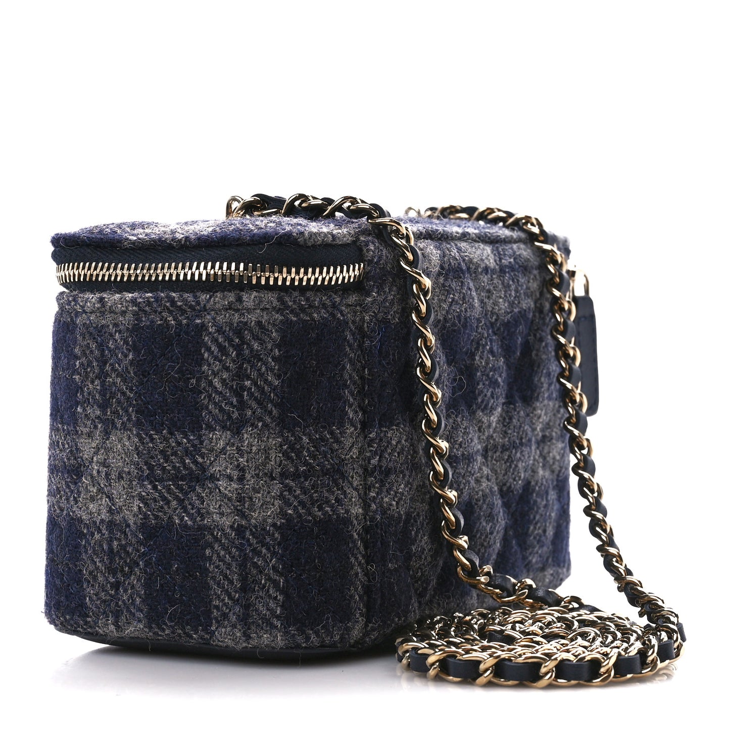 Wool Plaid Quilted Small Vanity Case With Chain Blue