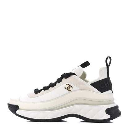Chanel Velvet Calfskin Mixed Fibers CC Sneakers 35.5 Ivory Black 1 of 10