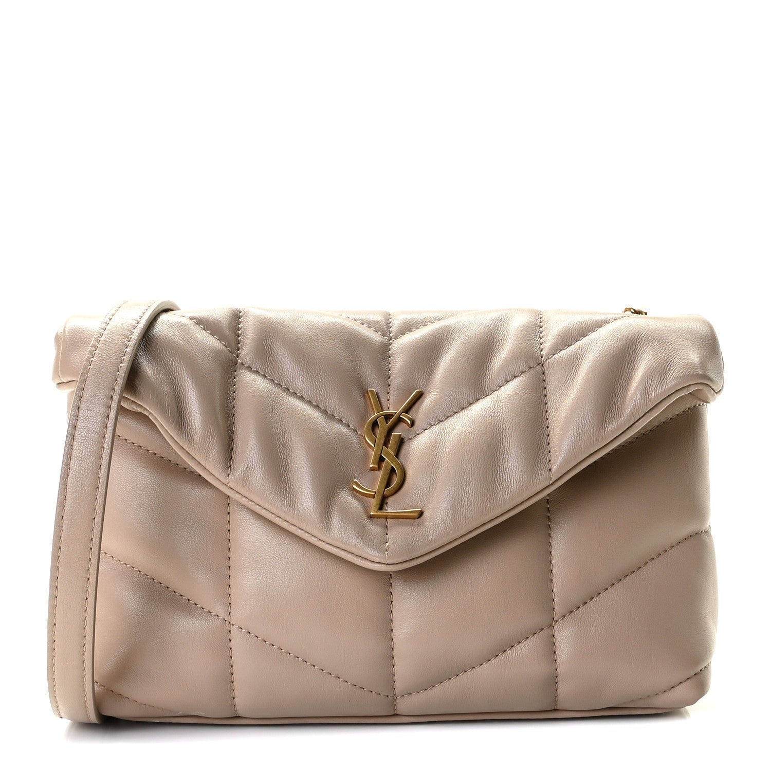 Saint Laurent Lambskin Quilted Toy Loulou Puffer Monogram Chain Satchel Dark Beige 1 of 14