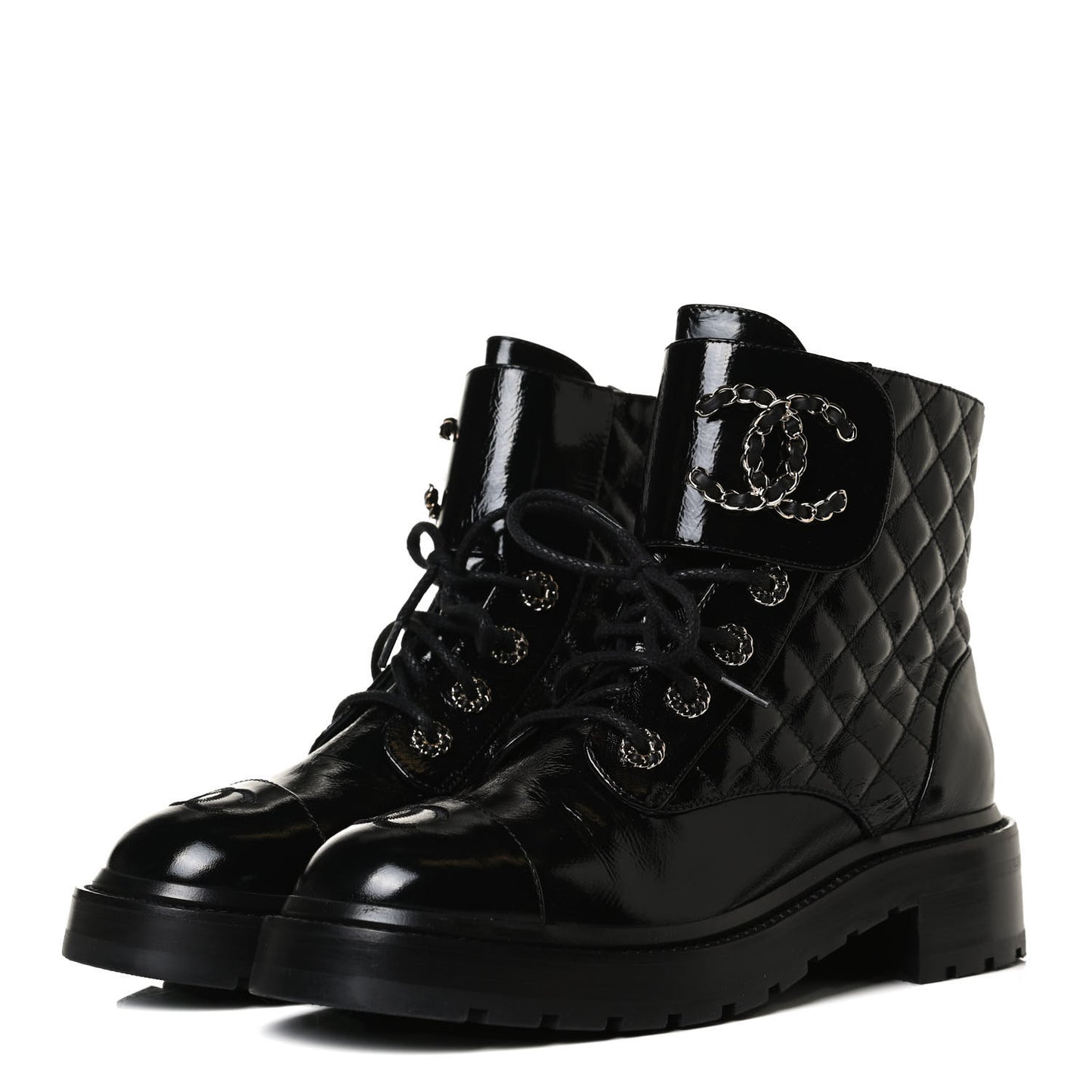Shiny Calfskin Quilted Lace Up Combat Boots 38.5 Black