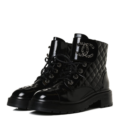 Chanel Shiny Calfskin Quilted Lace Up Combat Boots 38.5 Black 3 of 14