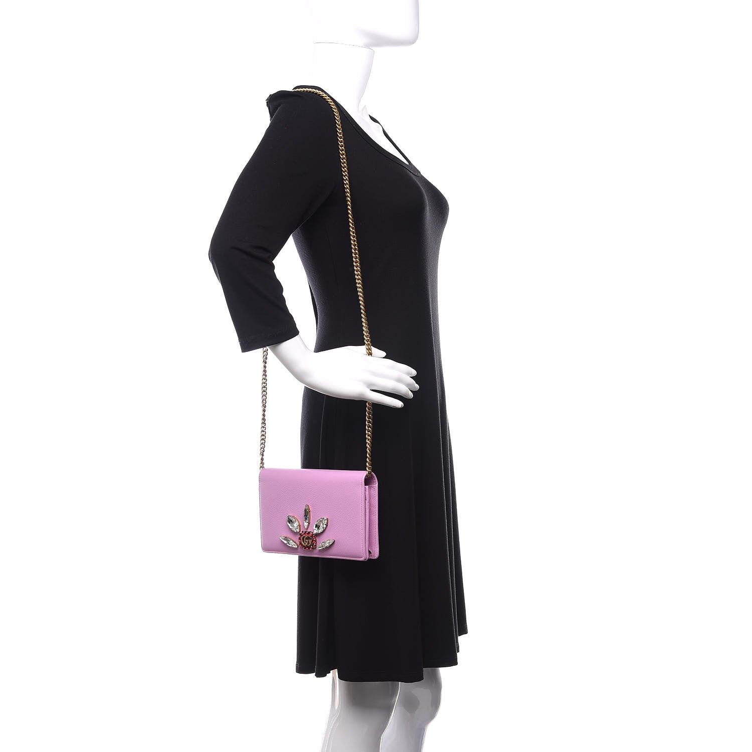 Gucci Calfskin Marquise Crystals Mini GG Chain Wallet Malva 2 of 12