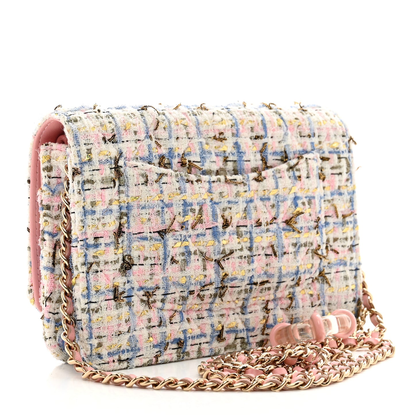 Tweed Quilted Wallet On Chain WOC Blue Pink Gold