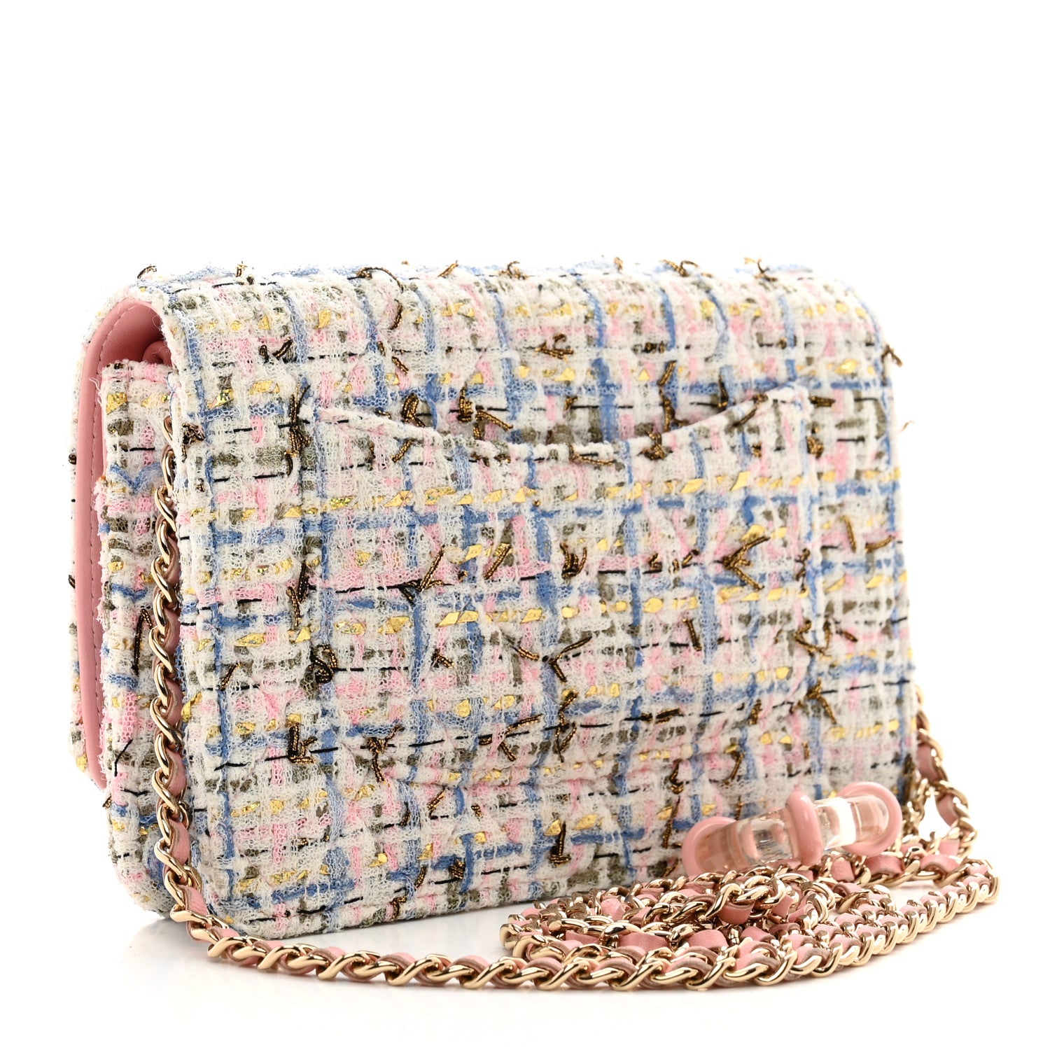 Chanel Tweed Quilted Wallet On Chain WOC Blue Pink Gold 3 of 11