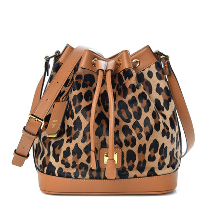 MCM Calf Hair Calfskin Small Drawstring Bucket Bag Leopard 1 of 9