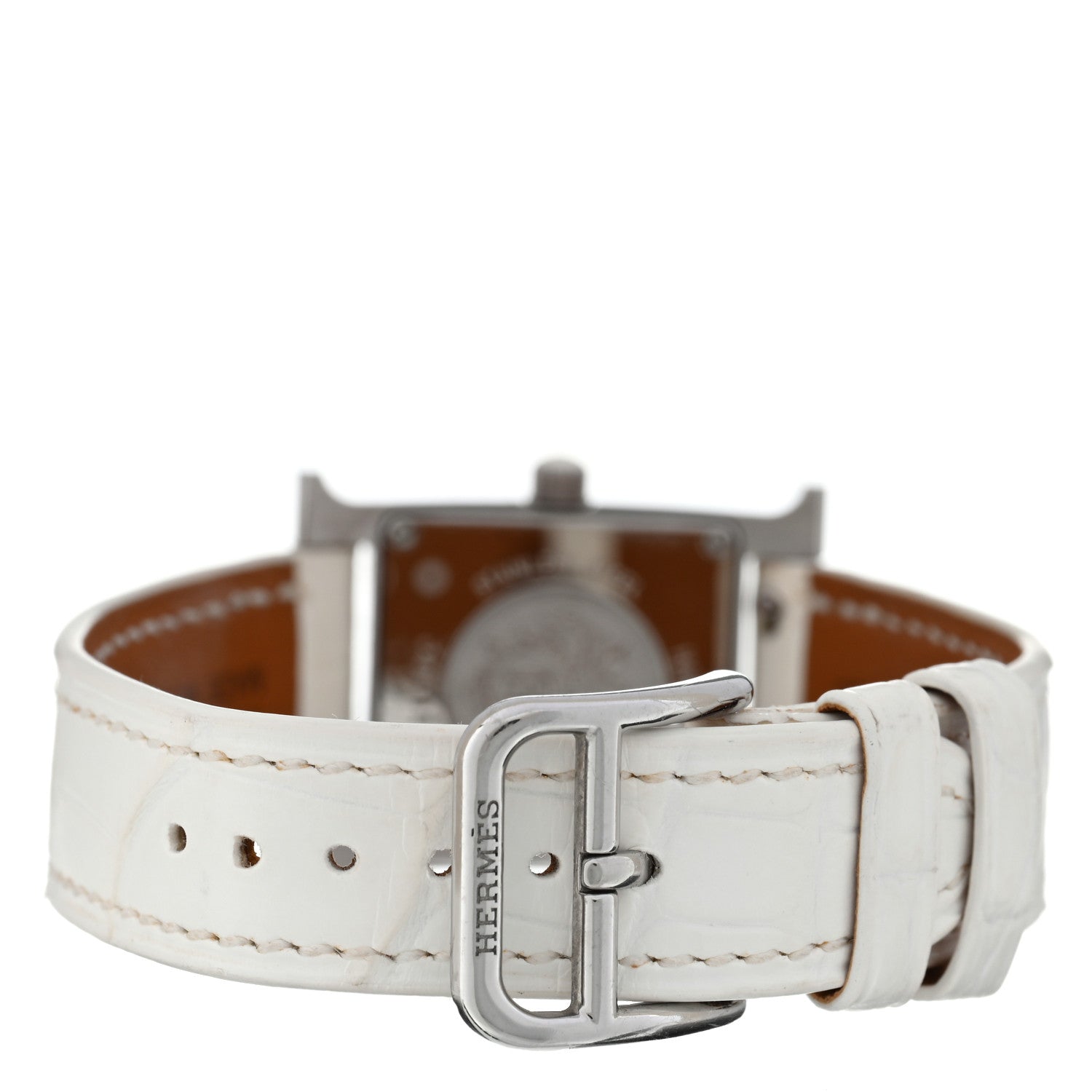 Hermes Stainless Steel Alligator Diamond Bezel Lacquer 21mm Heure H Hour Double Jeu Quartz Watch Blanc 3 of 5