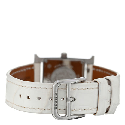 Hermes Stainless Steel Alligator Diamond Bezel Lacquer 21mm Heure H Hour Double Jeu Quartz Watch Blanc 3 of 5