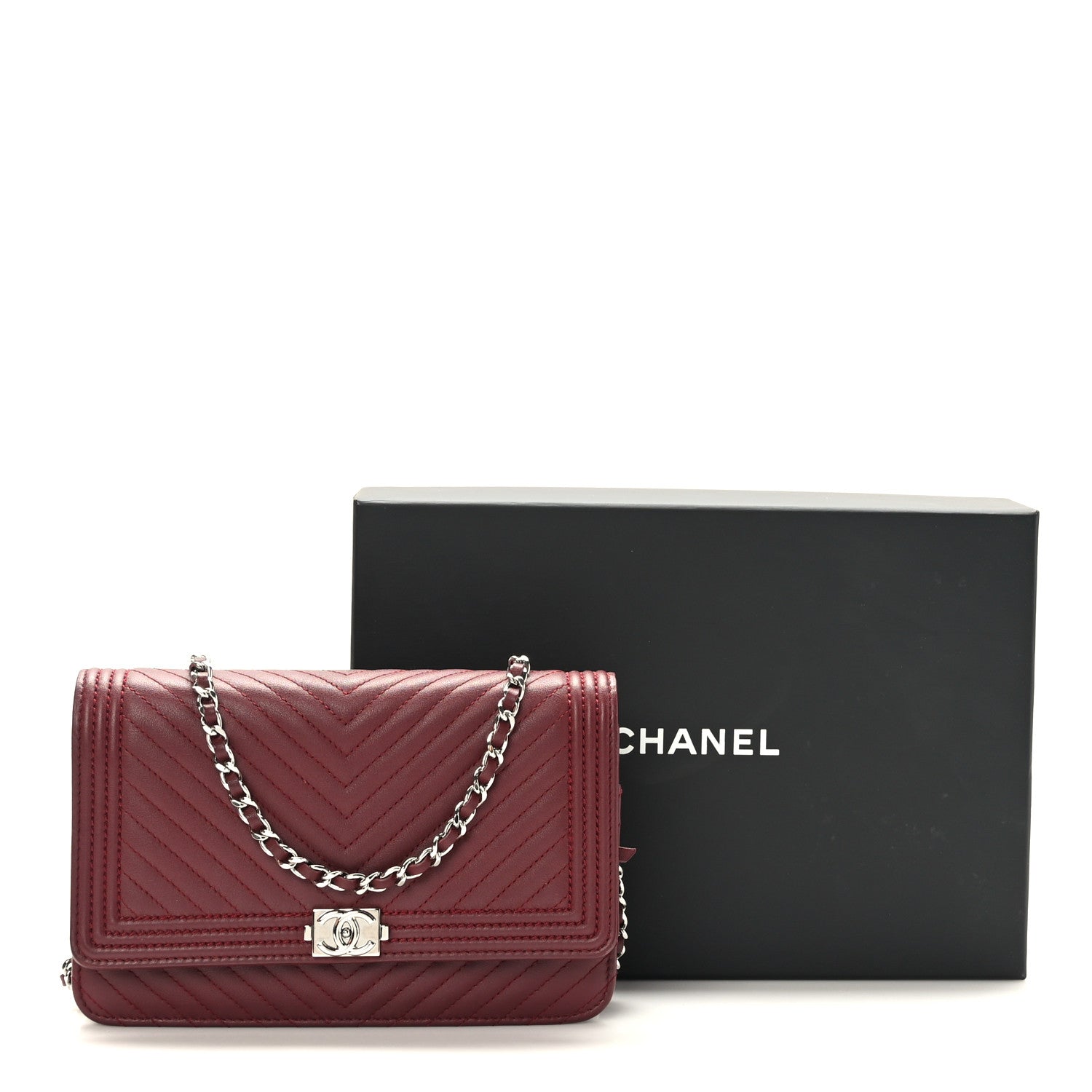 Chanel Calfskin Chevron Quilted Boy Wallet On Chain WOC Burgundy 11 of 11