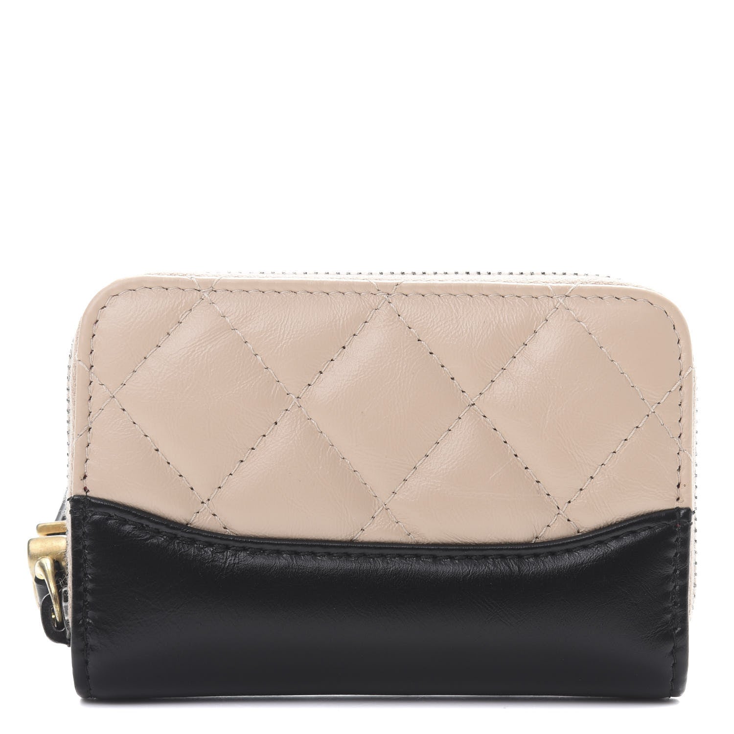 Chanel Aged Calfskin Quilted Gabrielle Zip Around Coin Purse Wallet Beige Black 1 of 8