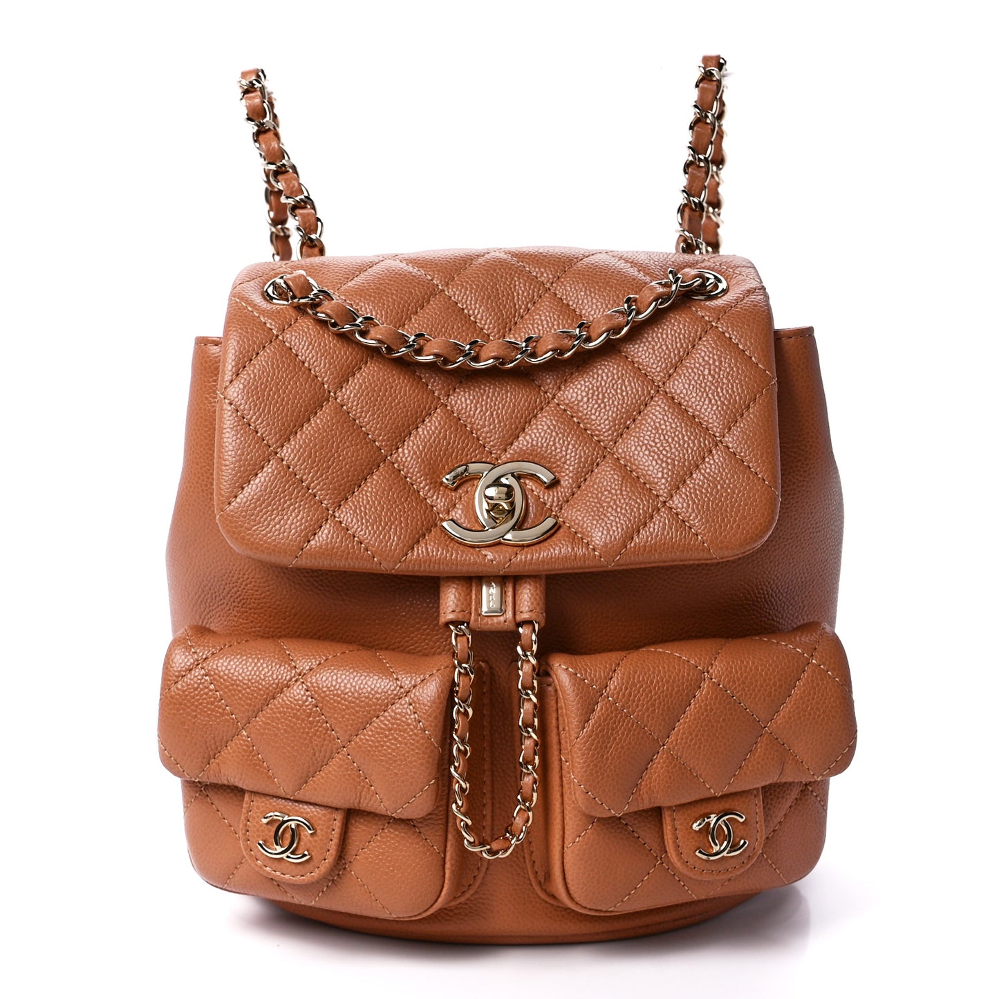 Shiny Caviar Quilted Medium Duma Pockets Drawstring Backpack Dark Beige