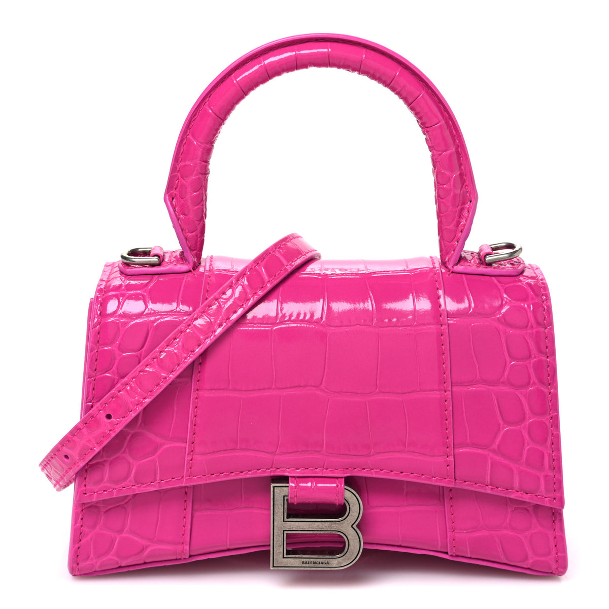 Shiny Calfskin Crocodile Embossed Hourglass Top Handle Bag XS Lipstick Pink