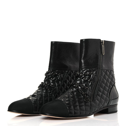 Chanel Glazed Deerskin Grosgrain Quilted Cap Toe Chain Boots 38.5 Grey Black 3 of 8