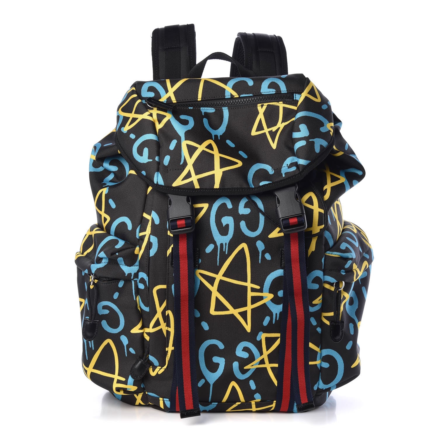 Gucci Techno Canvas GucciGhost Double Buckle Backpack Black New Acquamarine 1 of 9