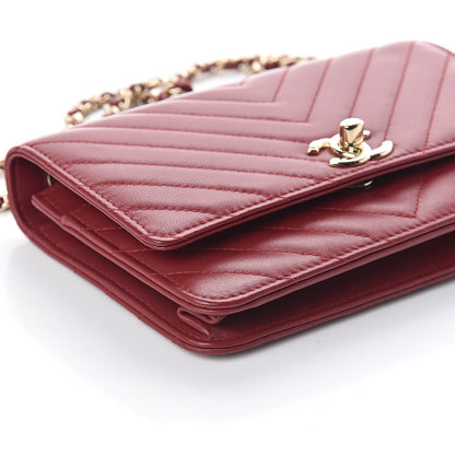 Chanel Lambskin Chevron Quilted Tendy CC Wallet On Chain WOC Dark Red 8 of 10