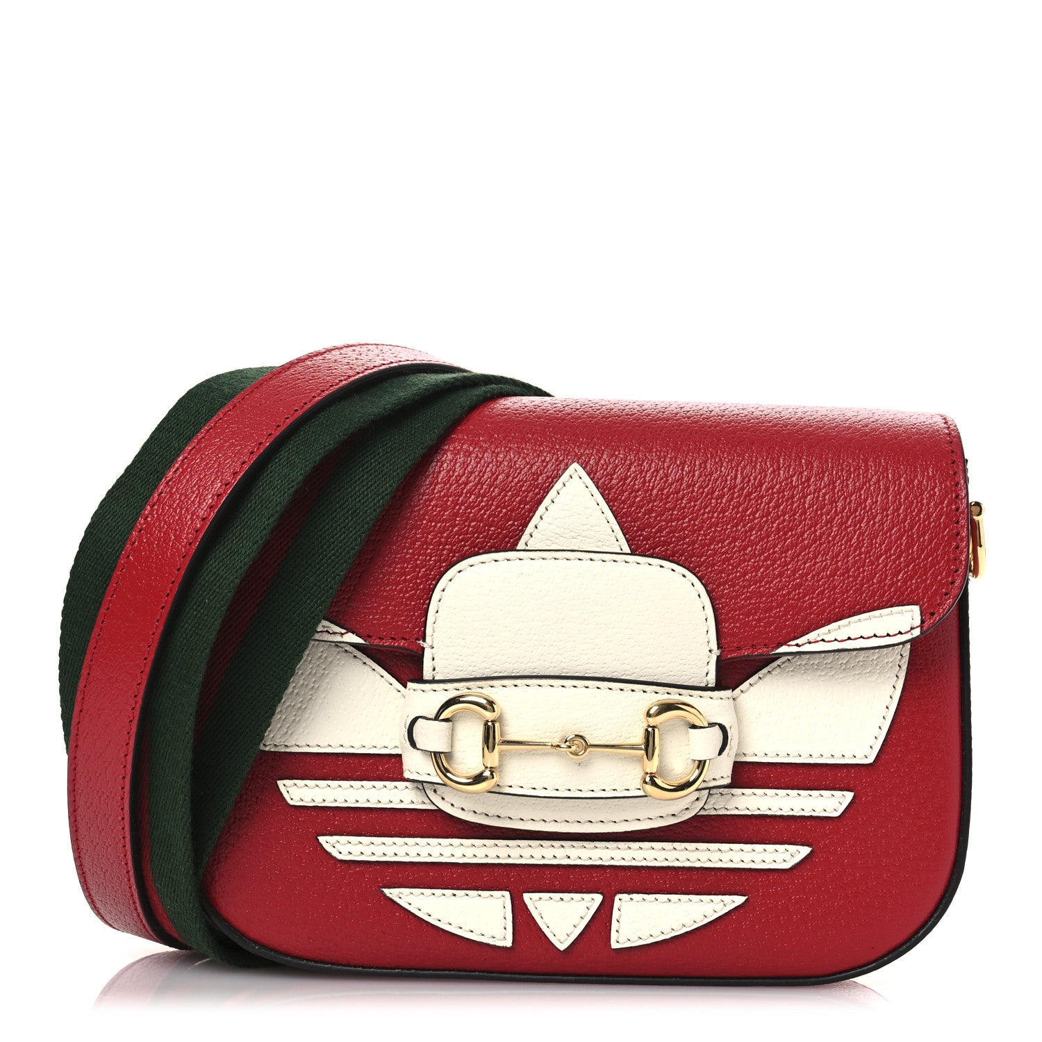 Gucci X ADIDAS Textured Dollar Calfskin Web Trefoil Mini Horsebit 1955 Shoulder Bag Hibiscus Red Off White 1 of 11